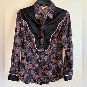 Lasso Vintage Black/Pink Floral Patchwork Satin Trim Western Rodeo Shirt Sz XS